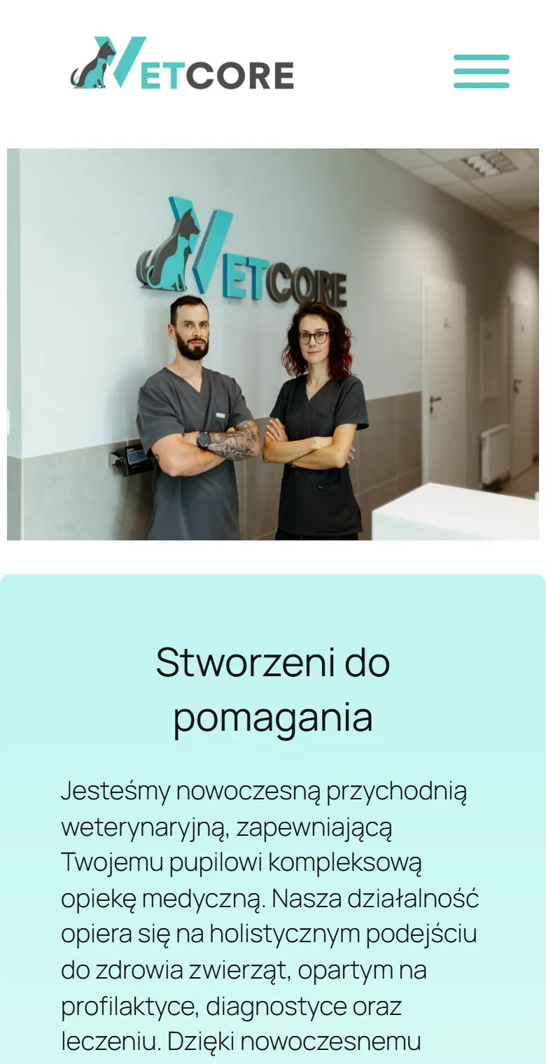 Vetcore na telefonie: mobilny nagłówek i treść strony przychodni.